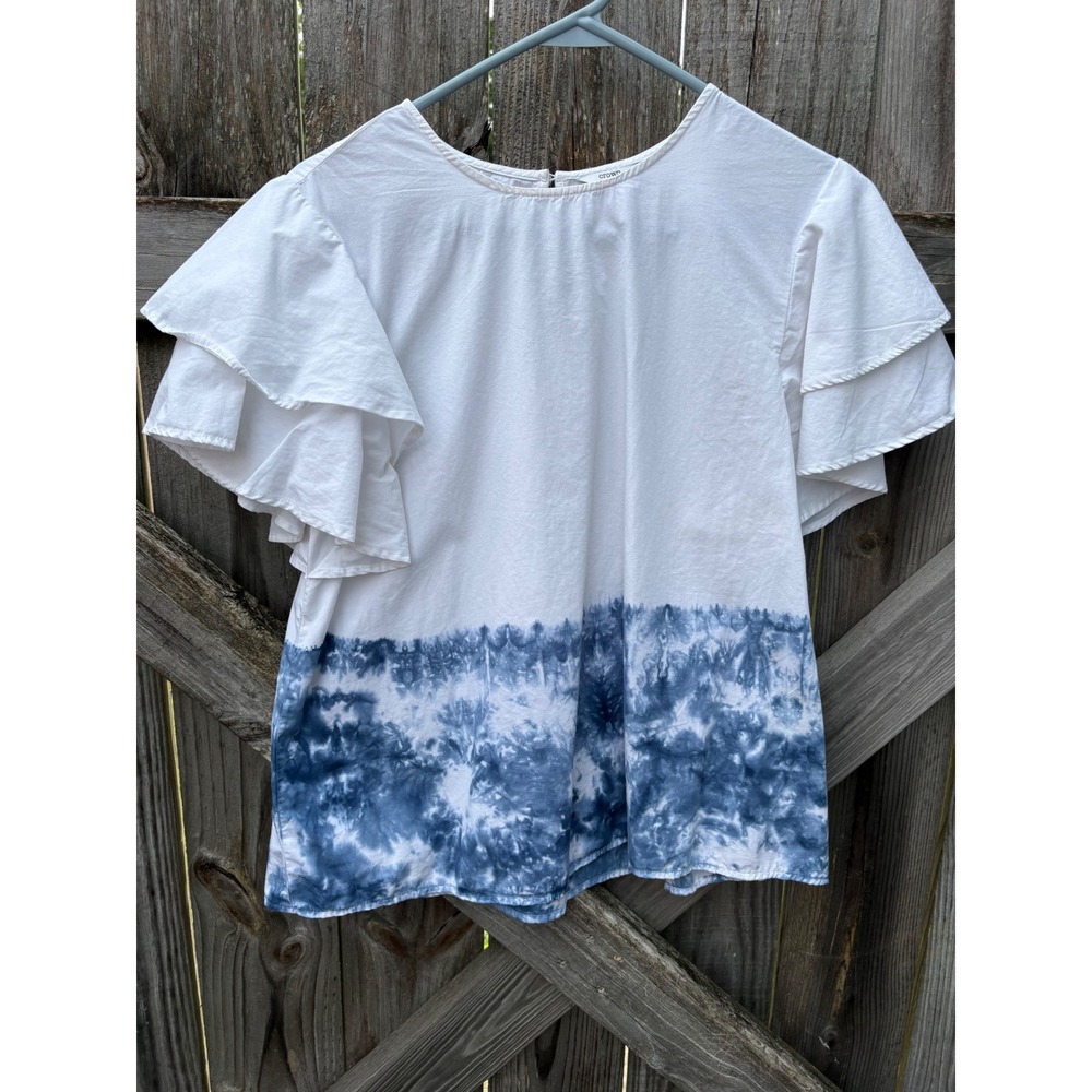 Crown & Ivy Womens Medium Blue Tie Dye Flutter Sleeve Cotton Blouse Top White‎
